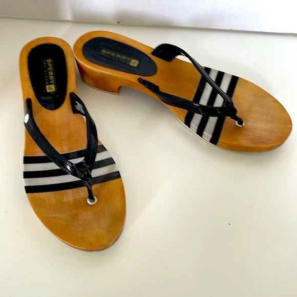 Sperry Top Sider Black and Tan Striped Wooden Sandals Size 7 Flip Flop Slip On - Picture 3 of 14